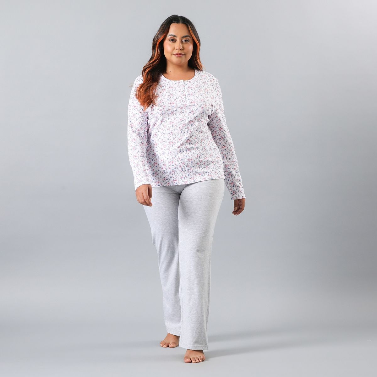FLORES - Pijama Polera Manga Larga Rib Con Pata Mujer Flores