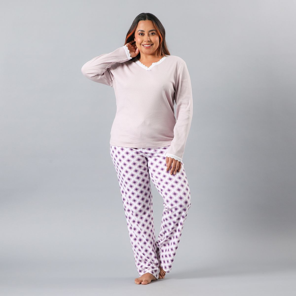 FLORES - Pijama Manga Larga Escote En V Rib Encaje Mujer Flores