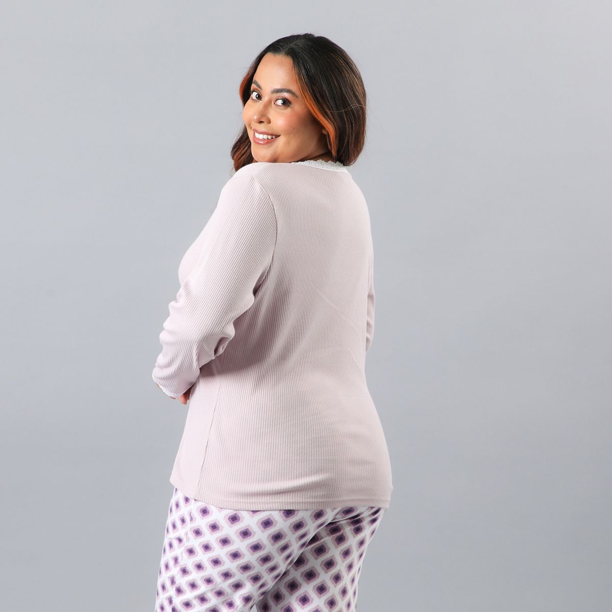 FLORES - Pijama Manga Larga Escote En V Rib Encaje Mujer Flores