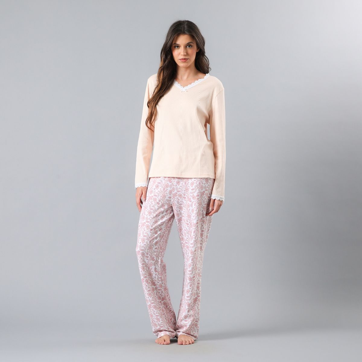 FLORES - Pijama Manga Larga Escote En V Rib Encaje Mujer Flores