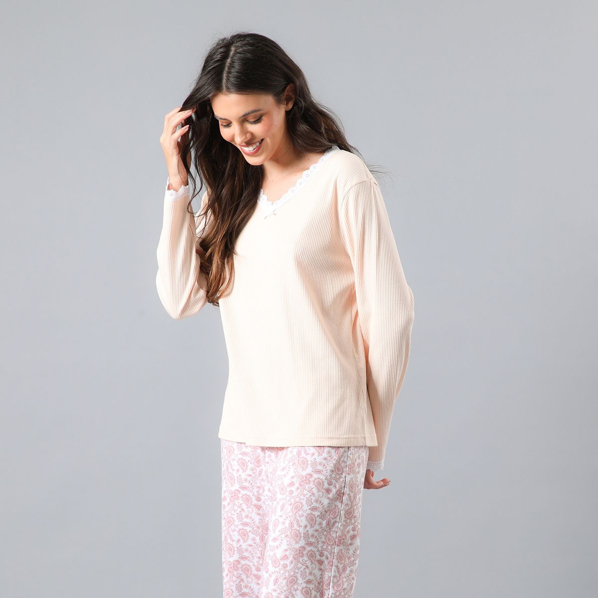 FLORES - Pijama Manga Larga Escote En V Rib Encaje Mujer Flores