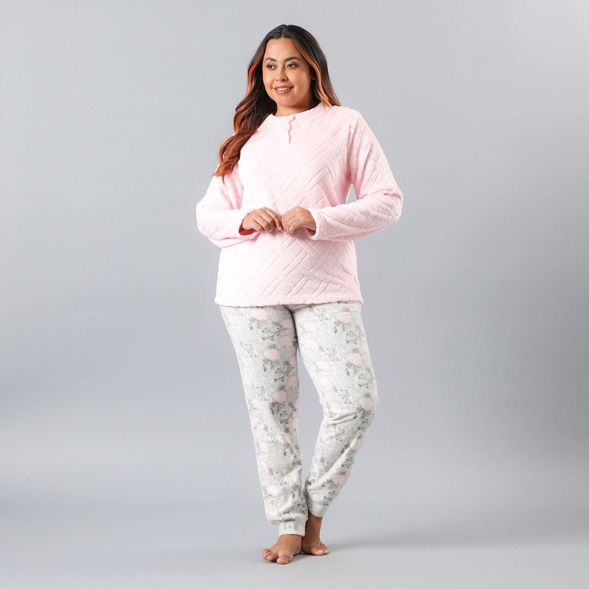 FLORES - Pijama Cuello Abotonado Coral/Micro Flee Mujer Flores