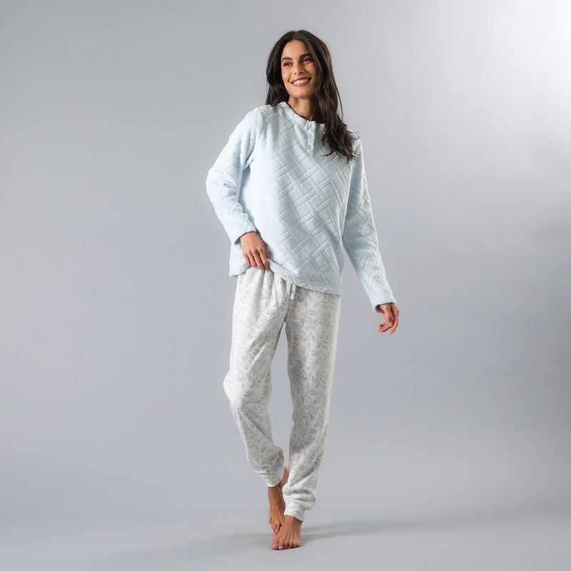 FLORES - Pijama Cuello Abotonado Coral/Micro Flee Mujer Flores