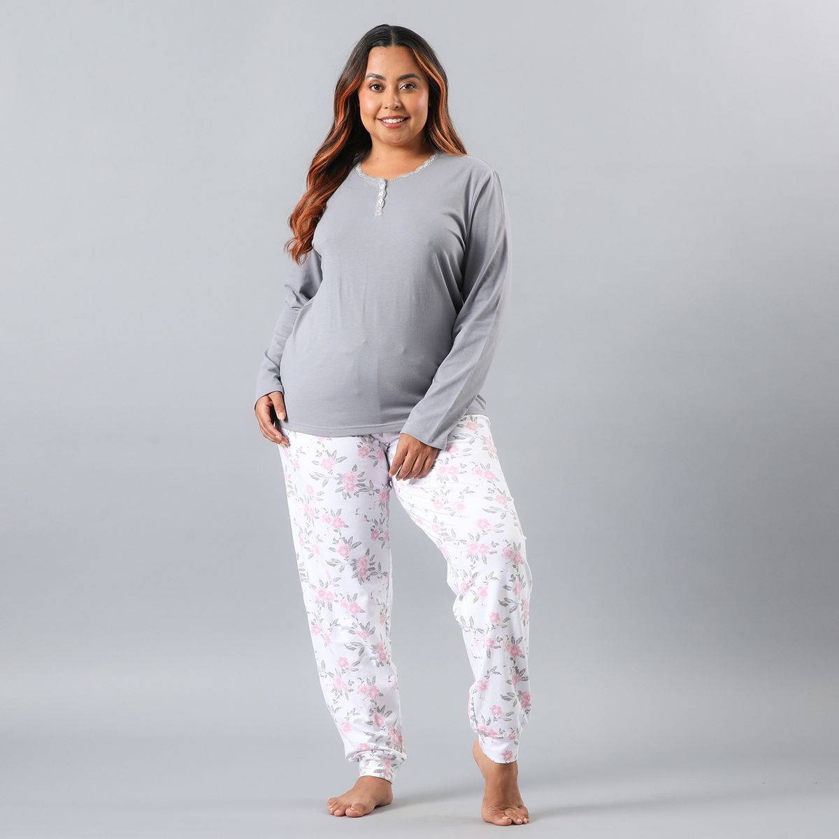 FLORES - Pijama Manga Larga Abotonado Con Encaje Mujer Flores