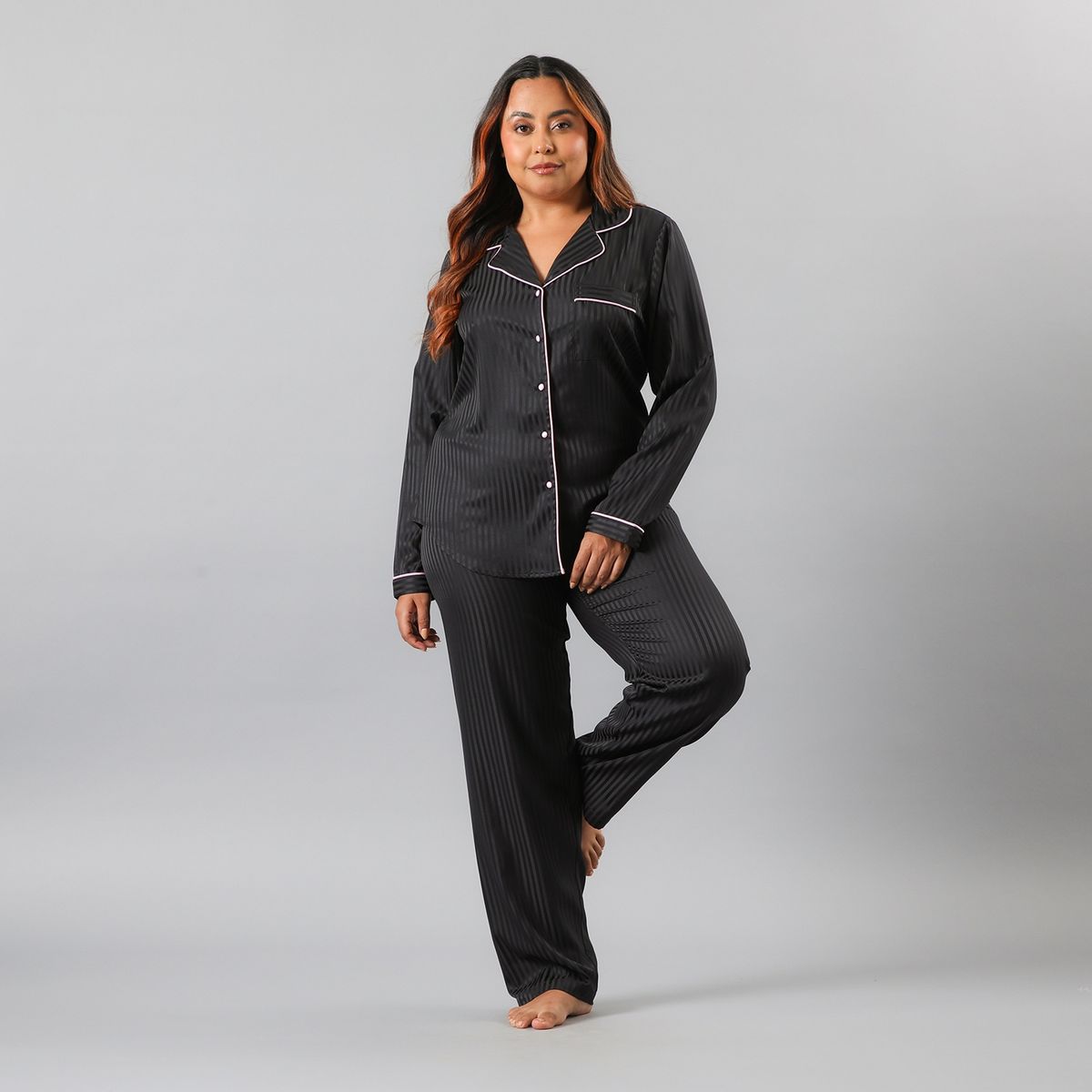 FLORES - Pijama Set Camisero + Pantalon Satin Jacquard Mujer Flores