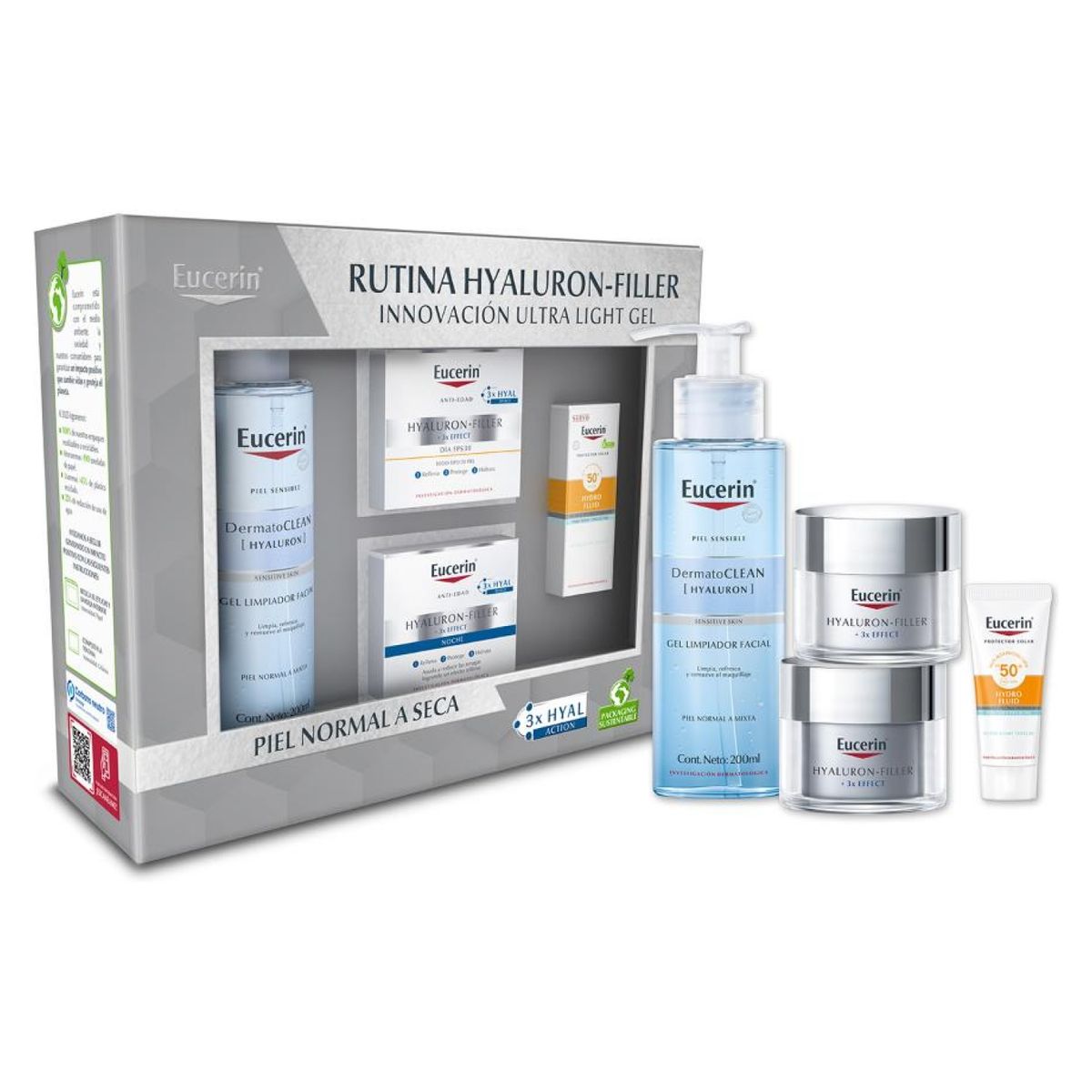 EUCERIN - Set Rutina Hyaluron Filler Gel de Limpieza, Crema de Día, Crema de noche & Protector Solar Eucerin