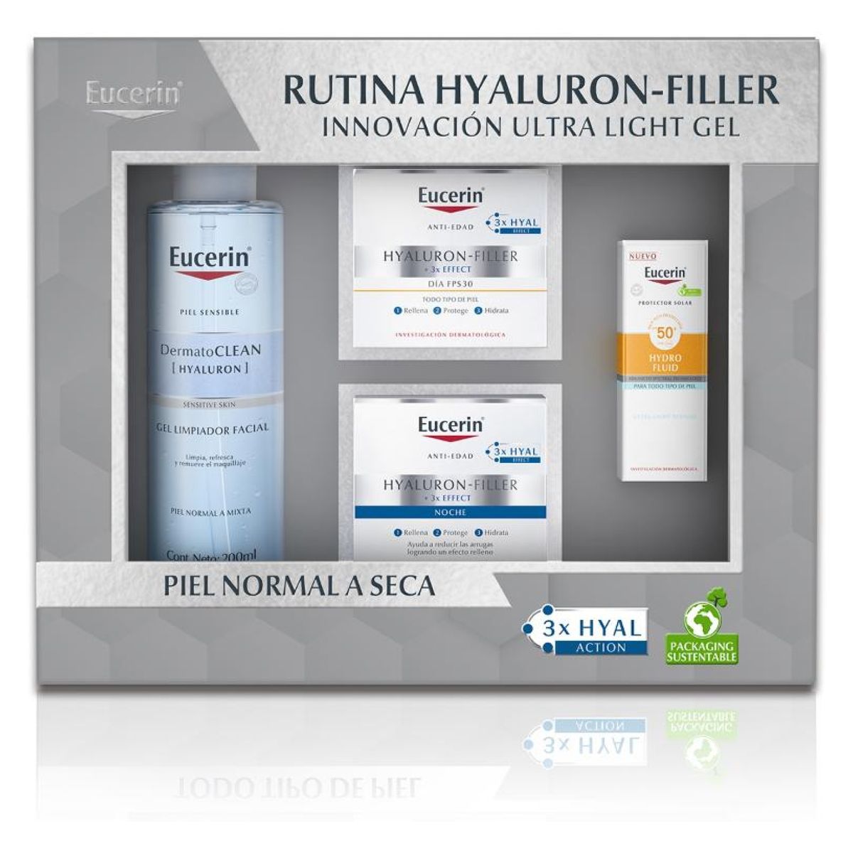 EUCERIN - Set Rutina Hyaluron Filler Gel de Limpieza, Crema de Día, Crema de noche & Protector Solar Eucerin