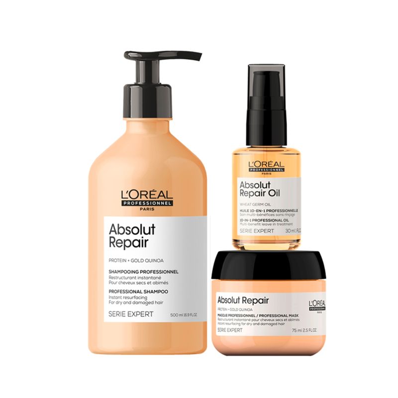 LOREAL PROFESSIONNEL - Set Reparación Cabello Dañado Absolut Repair Shampoo 500ml + Máscara 75ml + Aceite 30ml