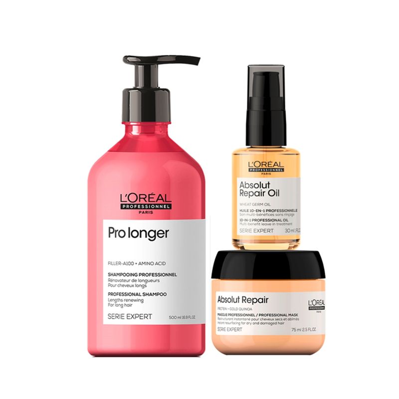 LOREAL PROFESSIONNEL - Set Fortalecedor Cabello Largo Pro Longer Shampoo 500ml + Sérum 75ml + Aceite 30ml