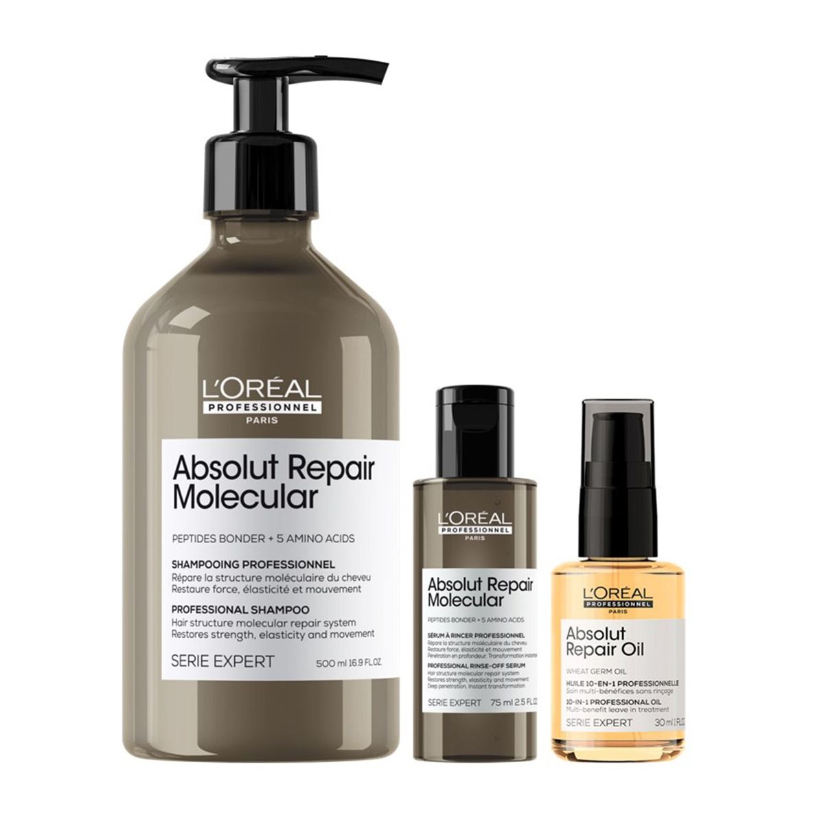 LOREAL PROFESSIONNEL - Set Profesional Reparación Estructura Molecular Cabello Absolut Repair Molecular Shampoo 500Ml + Serúm 75Ml + Aceite  30Ml Serie Expert Loreal Professionnel