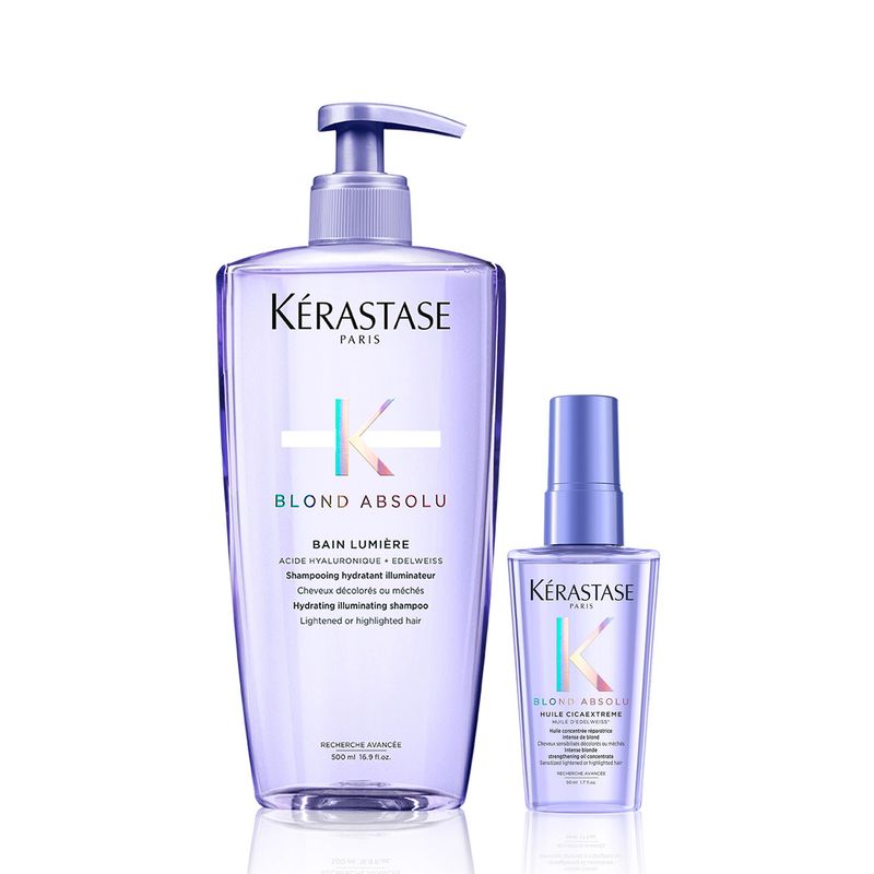 KERASTASE - Set Reparación Cabello Rubio O Decolorado Blond Absolu Shampoo 500Ml + Aceite 50Ml Kérastase