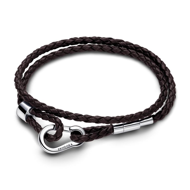 PANDORA Brazalete Pandora Moments En Cuero Trenzado Doble Marrón