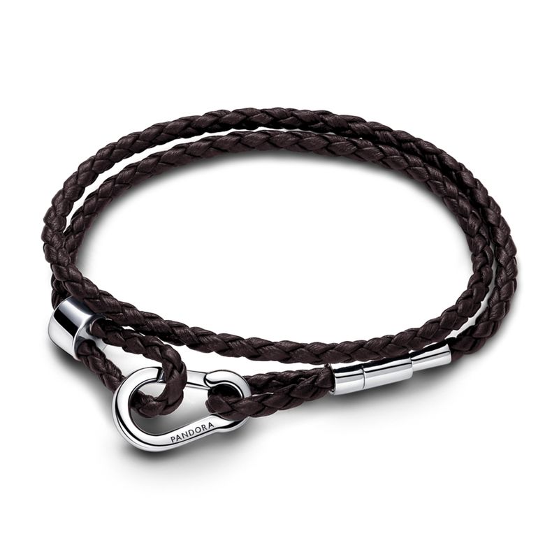 PANDORA - Brazalete Pandora Moments En Cuero Trenzado Doble Marrón Mujer Pandora