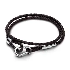 PANDORA - Brazalete Moments En Cuero Trenzado Doble Marrón Mujer