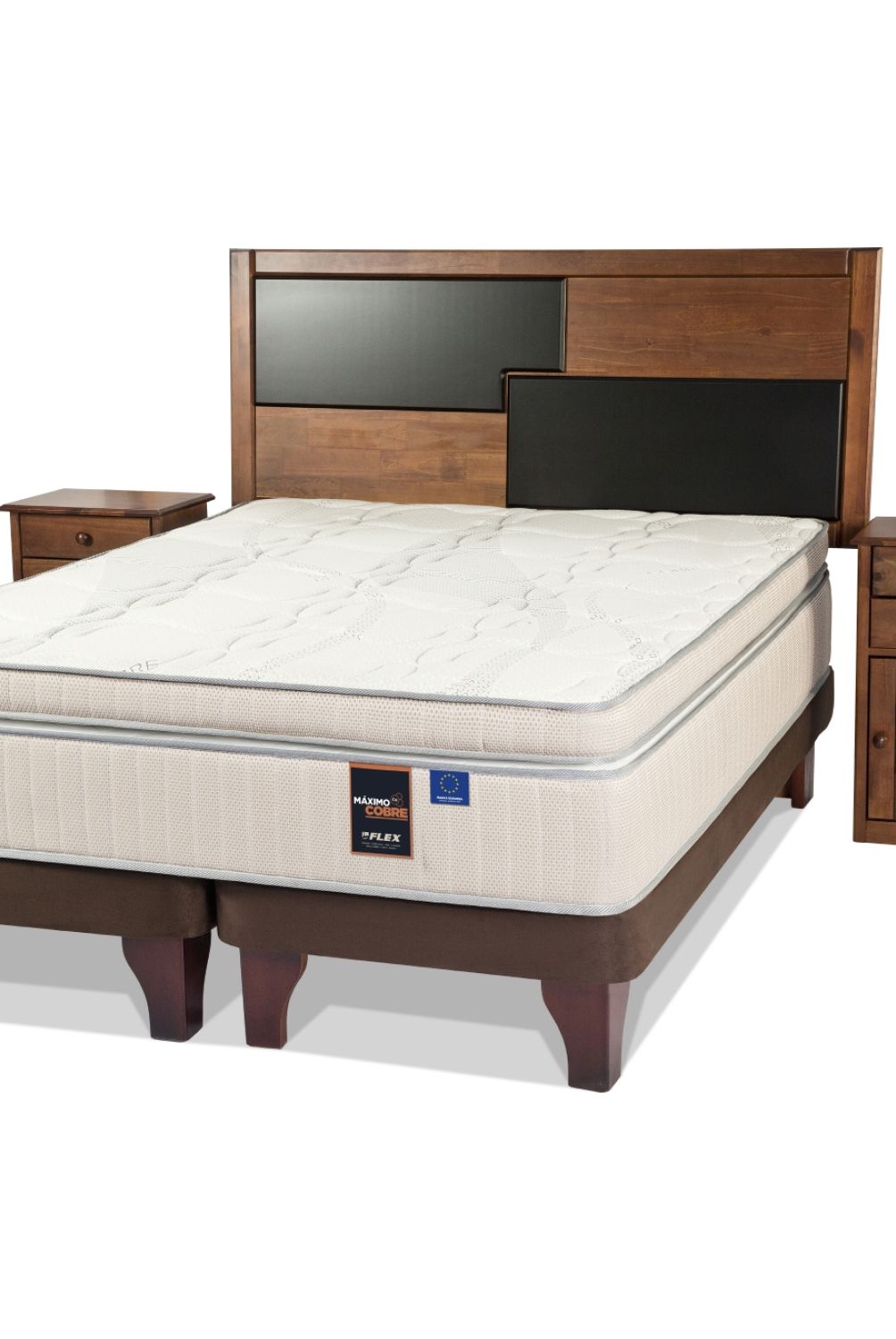 FLEX - Cama Europea Maximo Cob 2 Plazas + Respaldo + 2 Veladores Flex