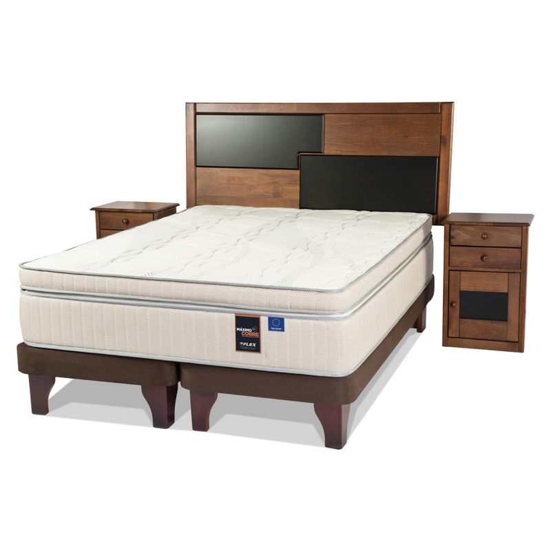 FLEX - Cama Europea Maximo Cob 2 Plazas + Respaldo + 2 Veladores Flex