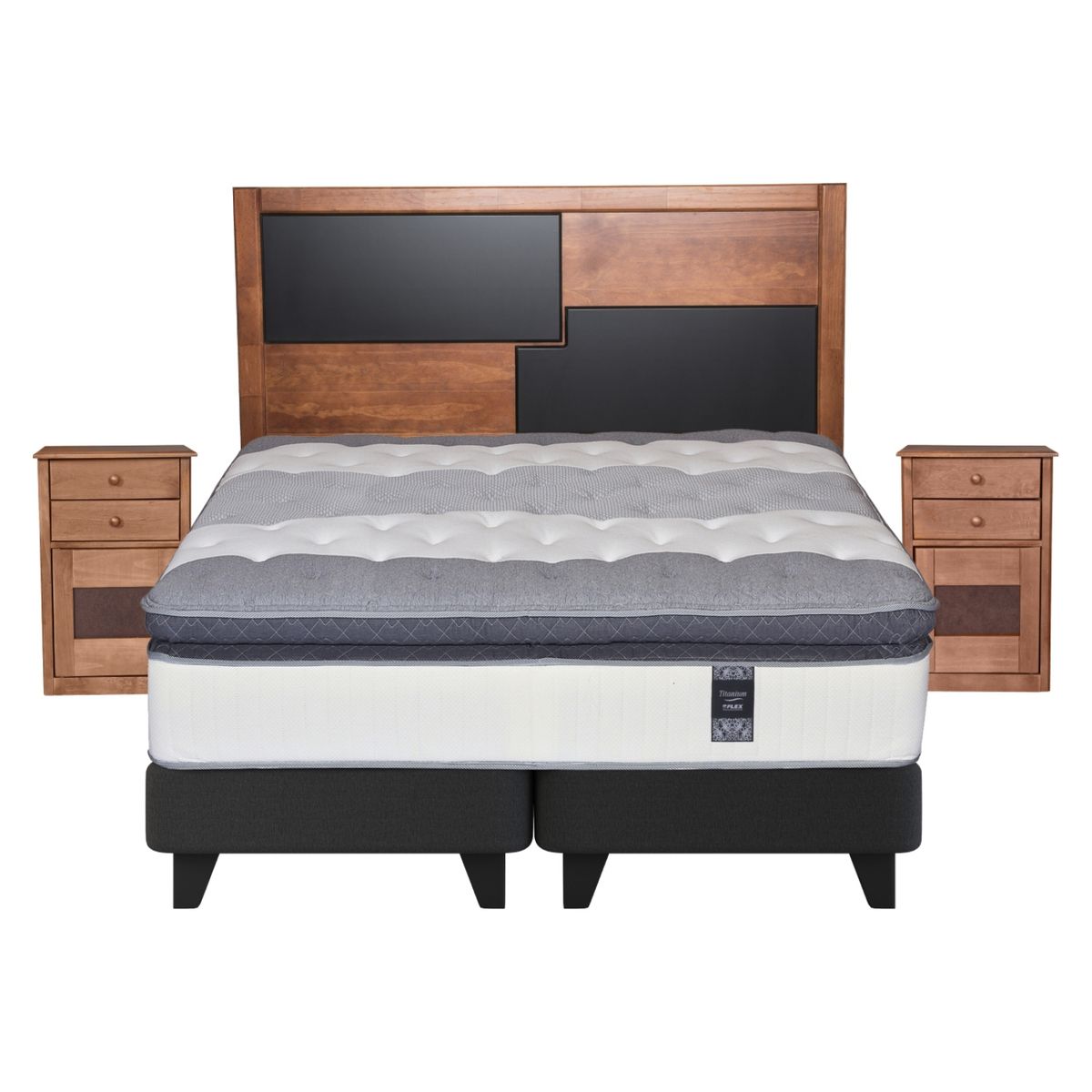 FLEX - Cama Europea Titanium N King + Respaldo + 2 Veladores Flex