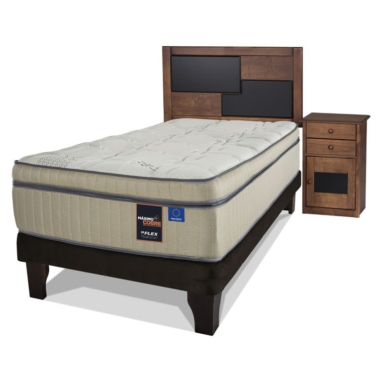 FLEX Cama Europea Maximo Cobre 1.5 Plazas x 2.00mt + Respaldo + 1 Velador