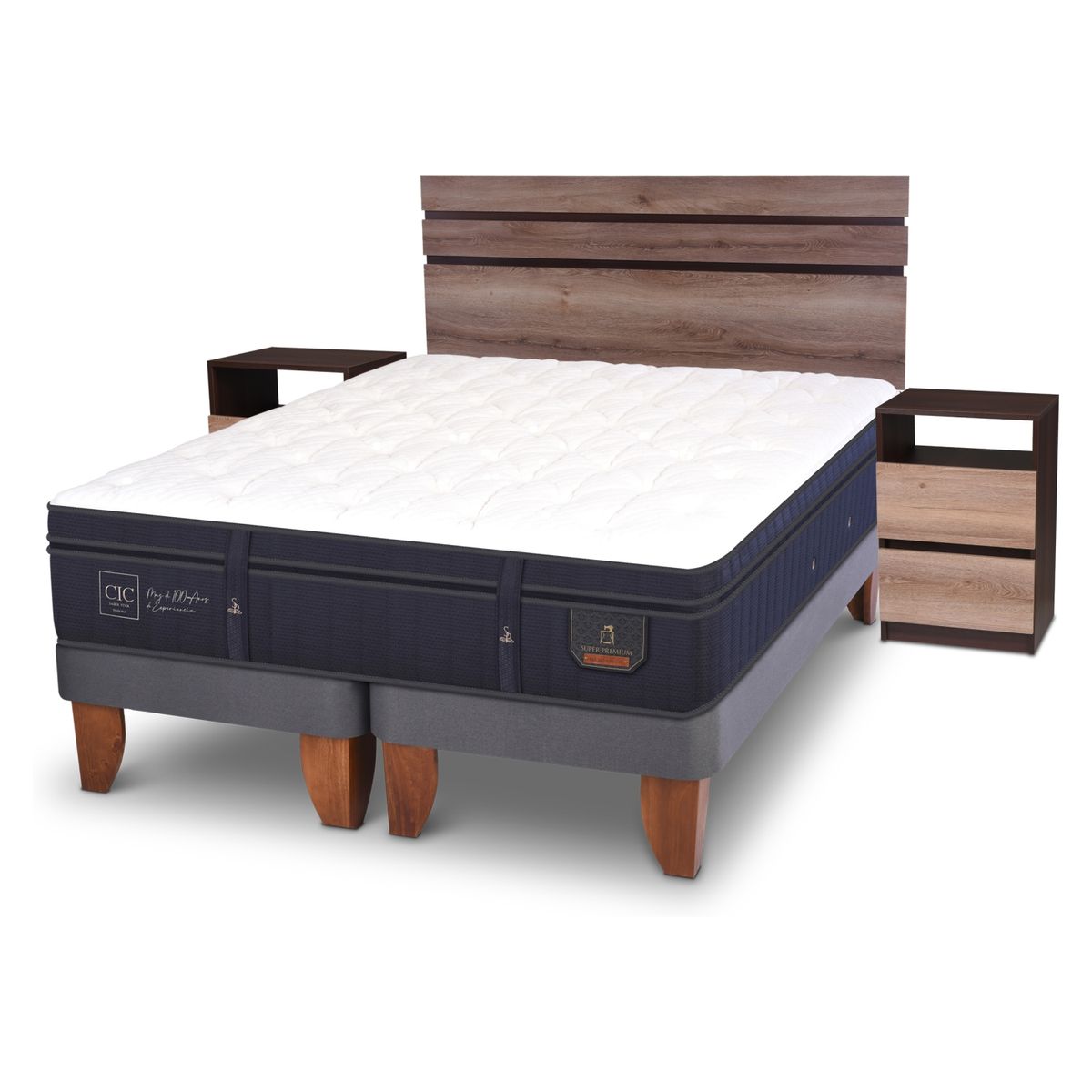 CIC - Cama Europea Super Prem King + Respaldo + 2 Veladores Cic
