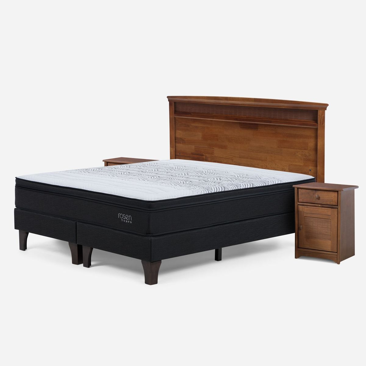 ROSEN - Cama Europea Tempo 2 Plazas x 2.00mt Base Dividida + Respaldo + 2 Veladores Rosen