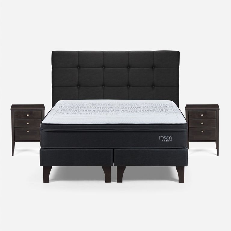 Cama Europea Tempo 2 Plazas x 2.00mt Base Dividida + Respaldo + 2 Veladores