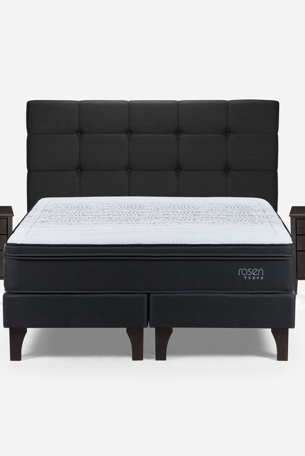 ROSEN - Cama Europea 2 Plazas Tempo + Respaldo + 2 Veladores Rosen