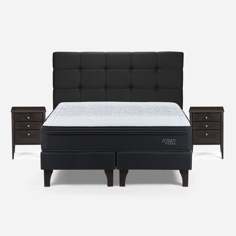 ROSEN - Cama Europea 2 Plazas Tempo + Respaldo + 2 Veladores Rosen