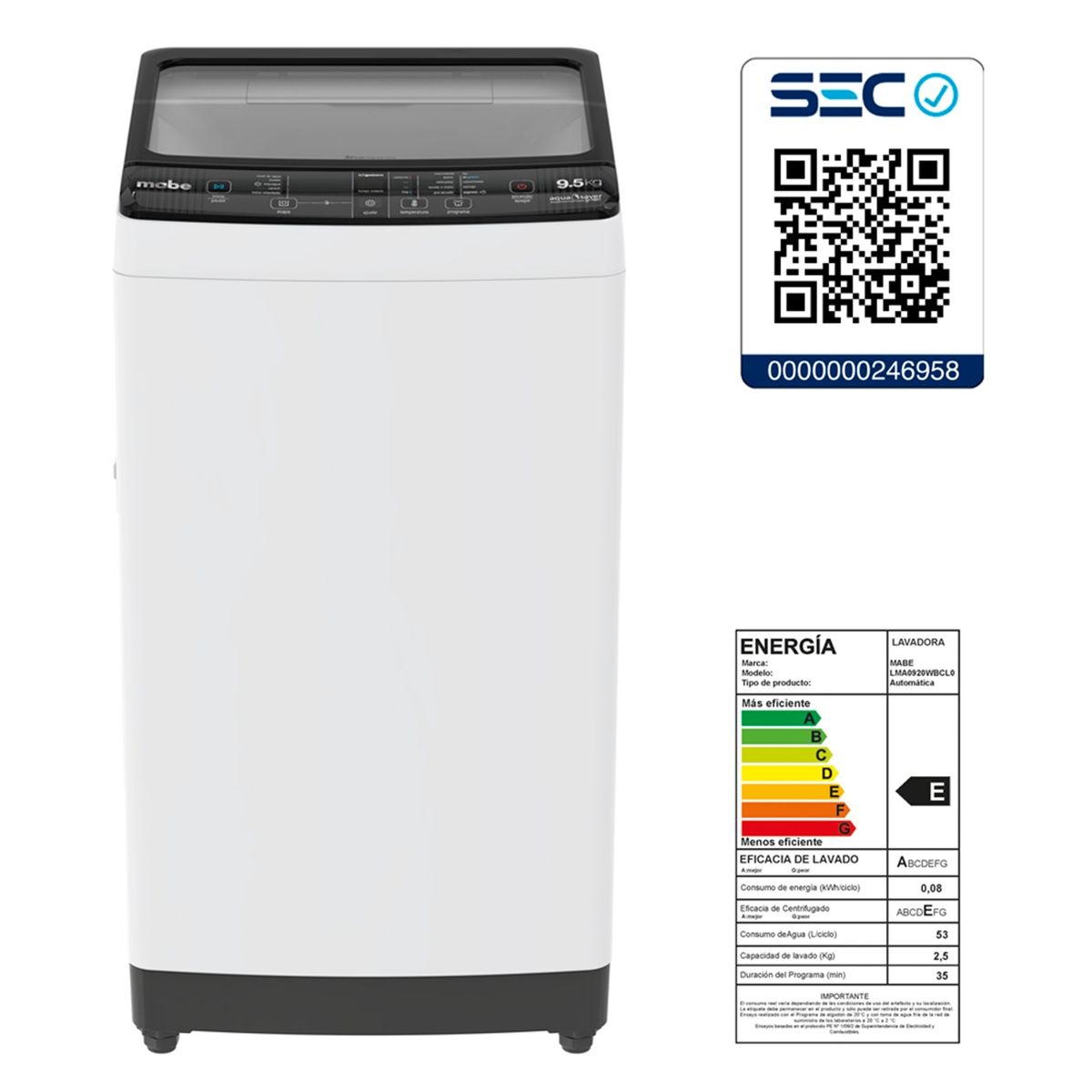 MABE - Lavadora Automática 9.5 kg LMA0920WBCL0 9.5K