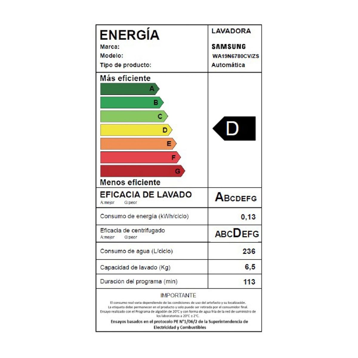 SAMSUNG - Lavadora Automática 19 kg WA19N6780CV/ZS Samsung