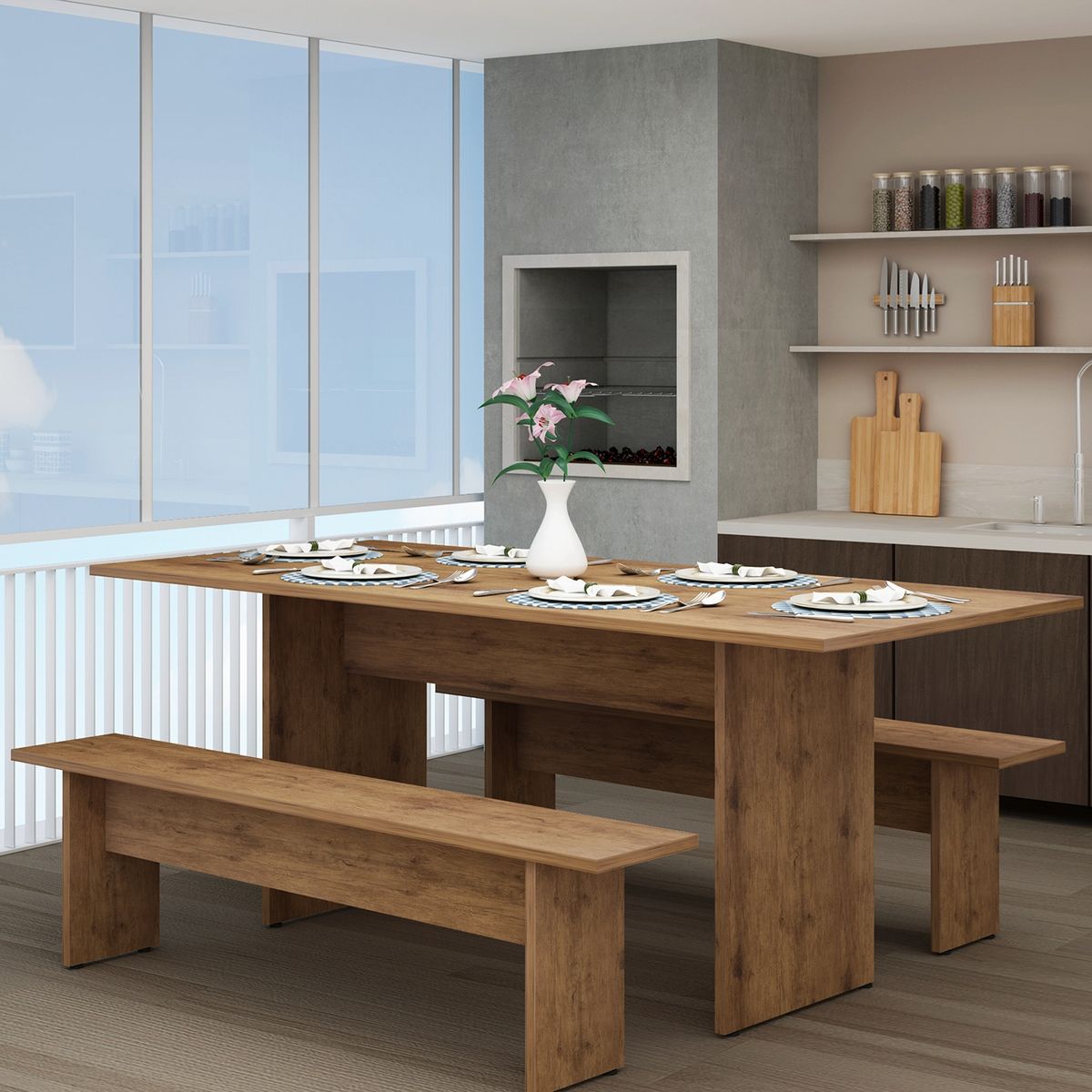 DECOCASA - Juego De Comedor  Tunes Mesa+Bancas Amaderado Decocasa