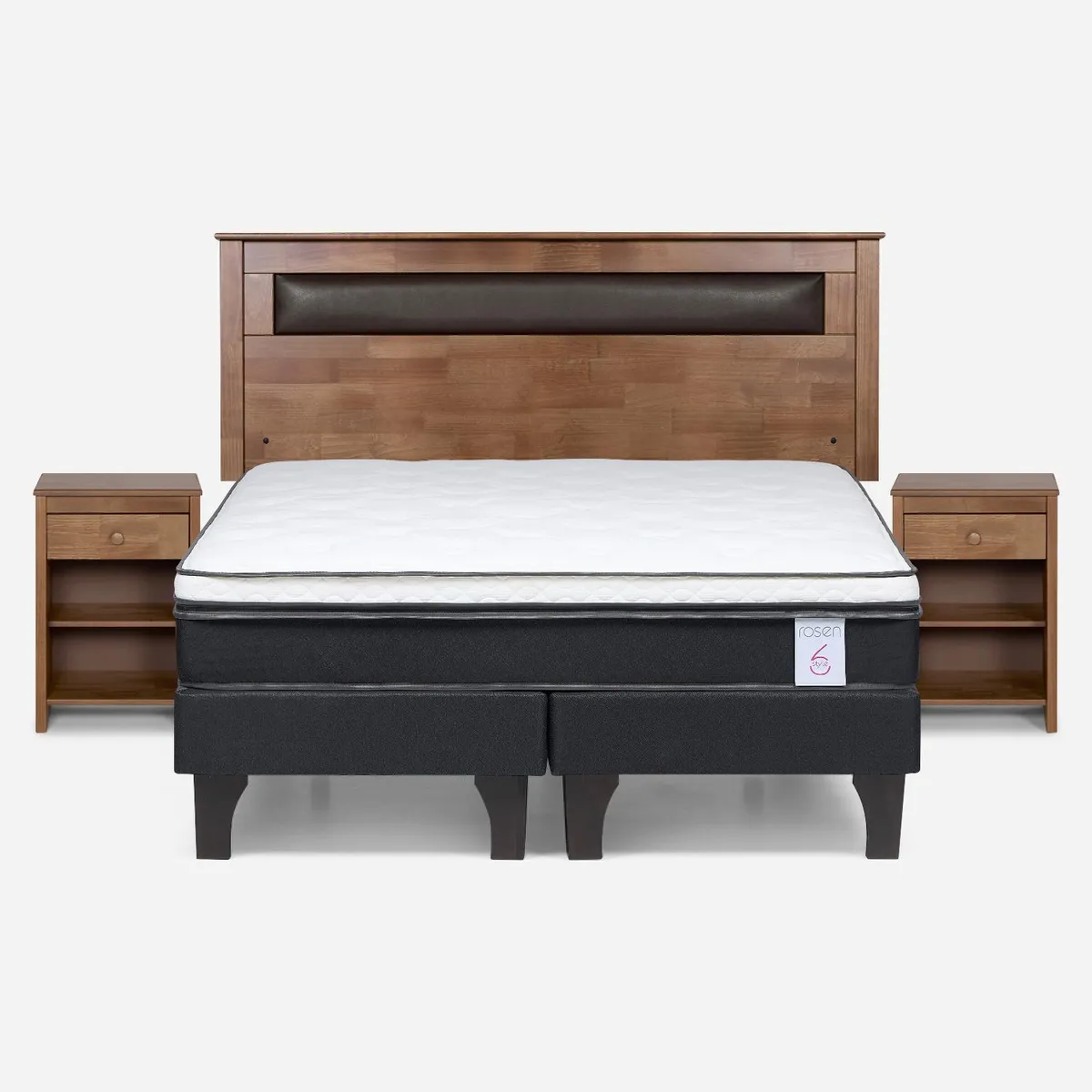 ROSEN - Cama Europea New Style 6 2 Plazas + Respaldo + 2 Veladores Rosen