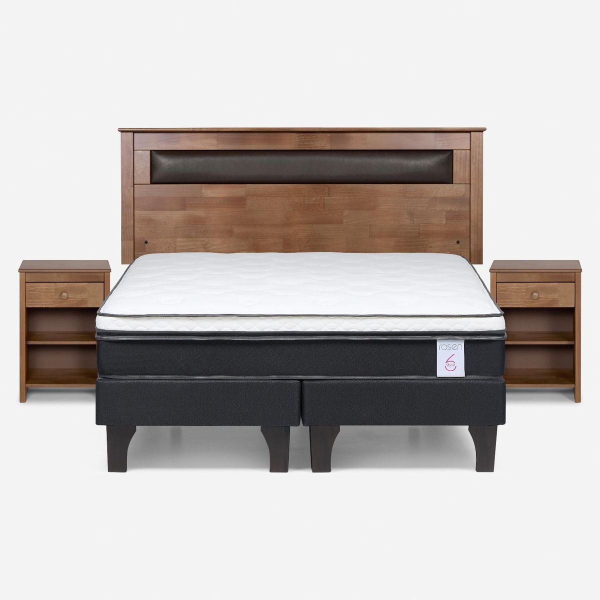 ROSEN - Cama Europea New Style 6 2 Plazas + Respaldo + 2 Veladores Rosen