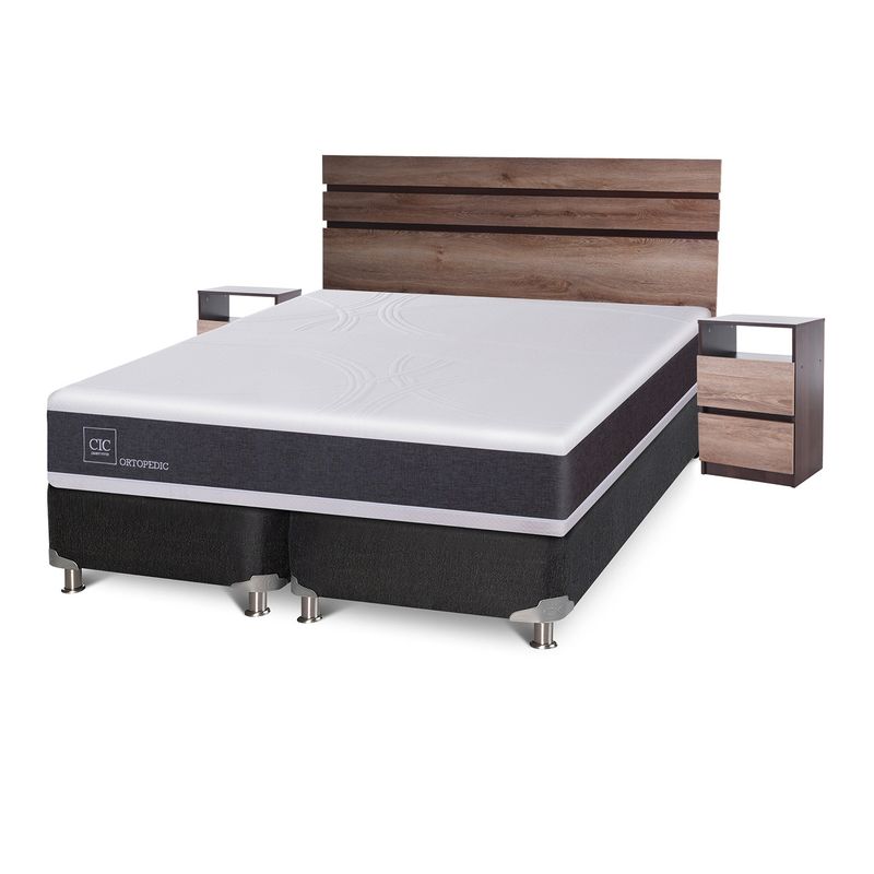 CIC - Box Spring Newortoped 2 Plazas + Respaldo + 2 Veladores CIC