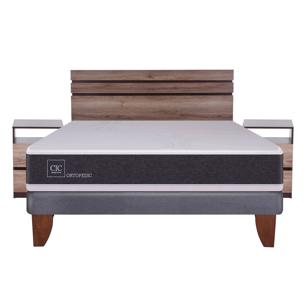 CIC - Cama Europea NewOrtopediced 2 Plazas + Respaldo + 2 Veladores Cic