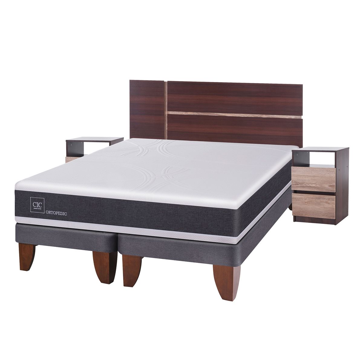 CIC - Cama Europea NewOrtopediced 2 Plazas + Respaldo + 2 Veladores Cic