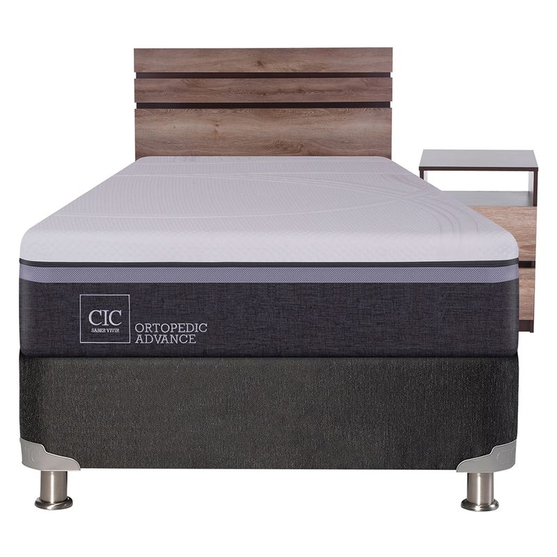 CIC - Box Spring Ortop Adva 1.5 Plazas + Respaldo + 1 Velador CIC
