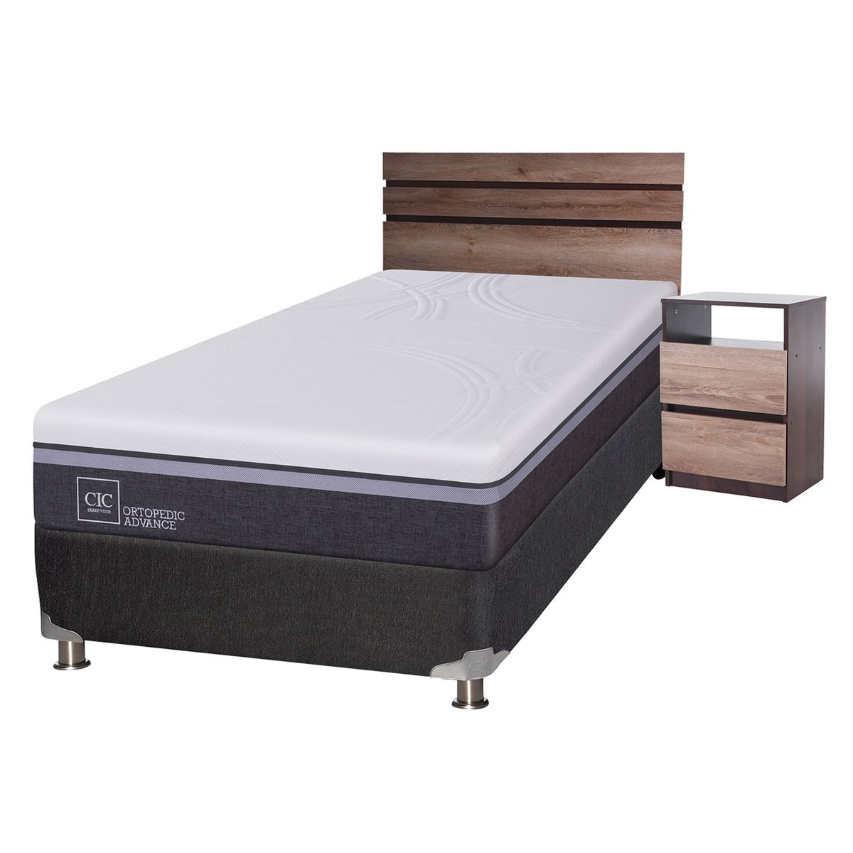 CIC - Box Spring Ortop Adva 1.5 Plazas + Respaldo + 1 Velador CIC