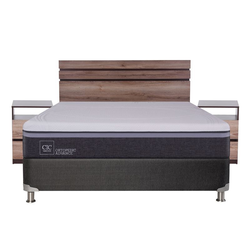 CIC - Box Spring Ortop Adva 2 Plazas + Respaldo + 2 Veladores CIC