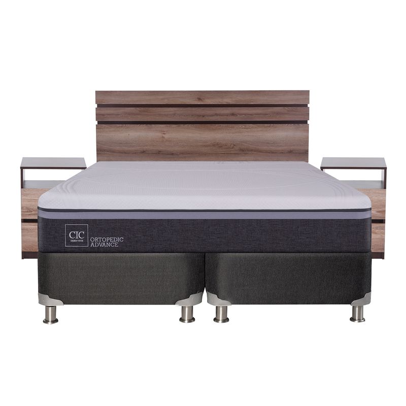 CIC - Box Spring Ortop Adva 2 Plazas + Respaldo + 2 Veladores CIC