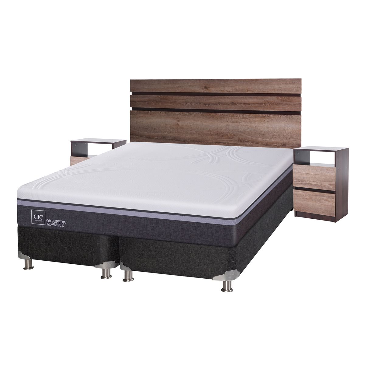 CIC - Box Spring Ortop Adva 2 Plazas + Respaldo + 2 Veladores CIC