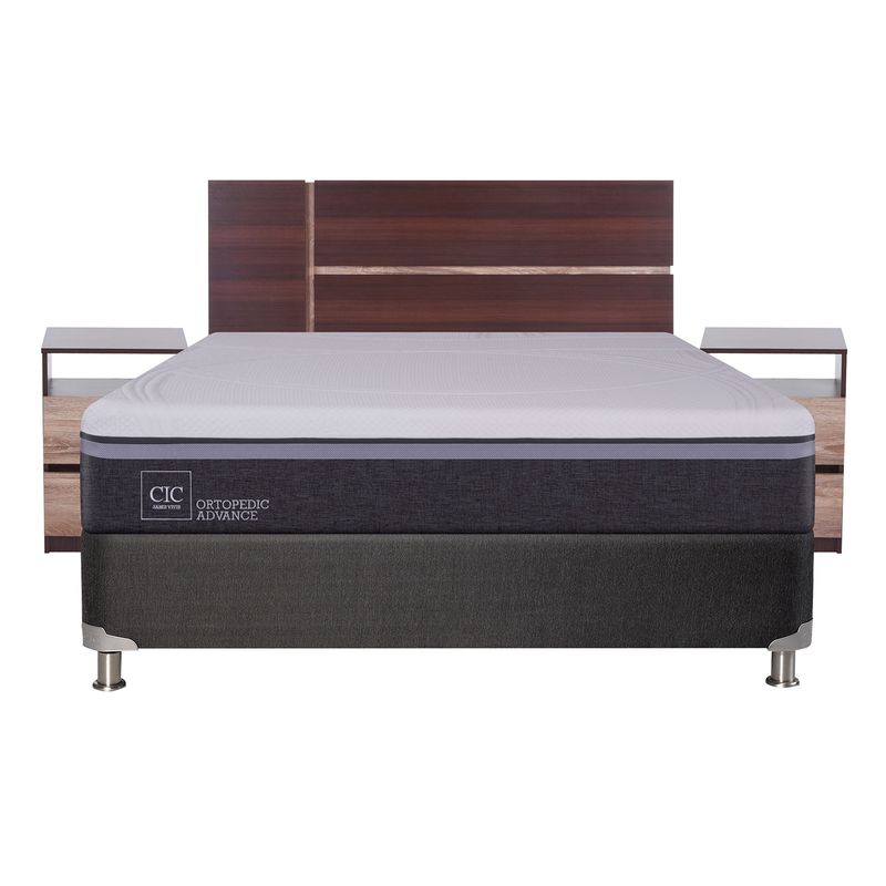 CIC - Box Spring Ortop Adva 2 Plazas + Respaldo + 2 Veladores CIC