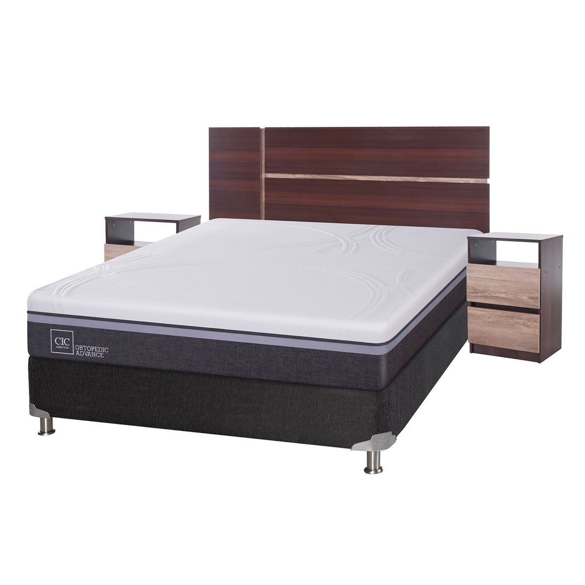 CIC - Box Spring Ortop Adva 2 Plazas + Respaldo + 2 Veladores CIC