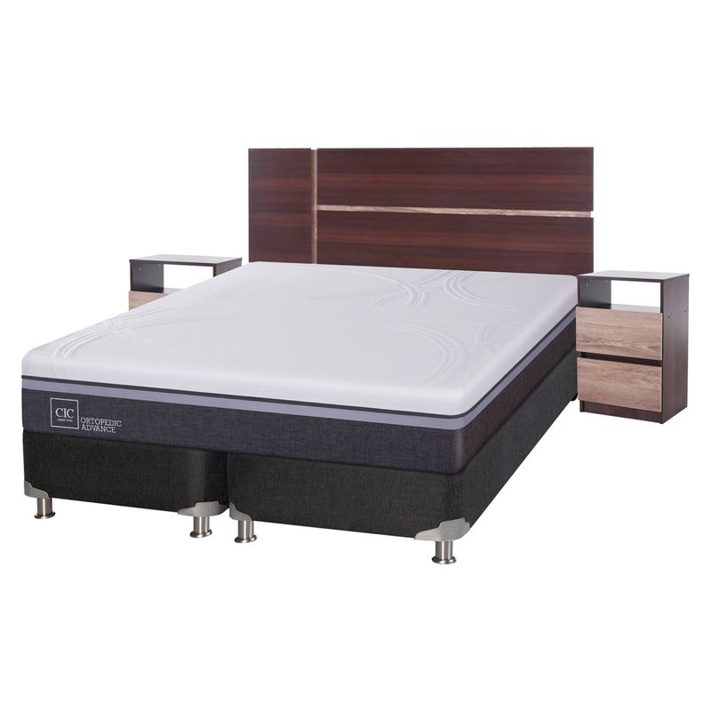 CIC - Box Spring Ortop Adva King + Respaldo + 2 Veladores CIC