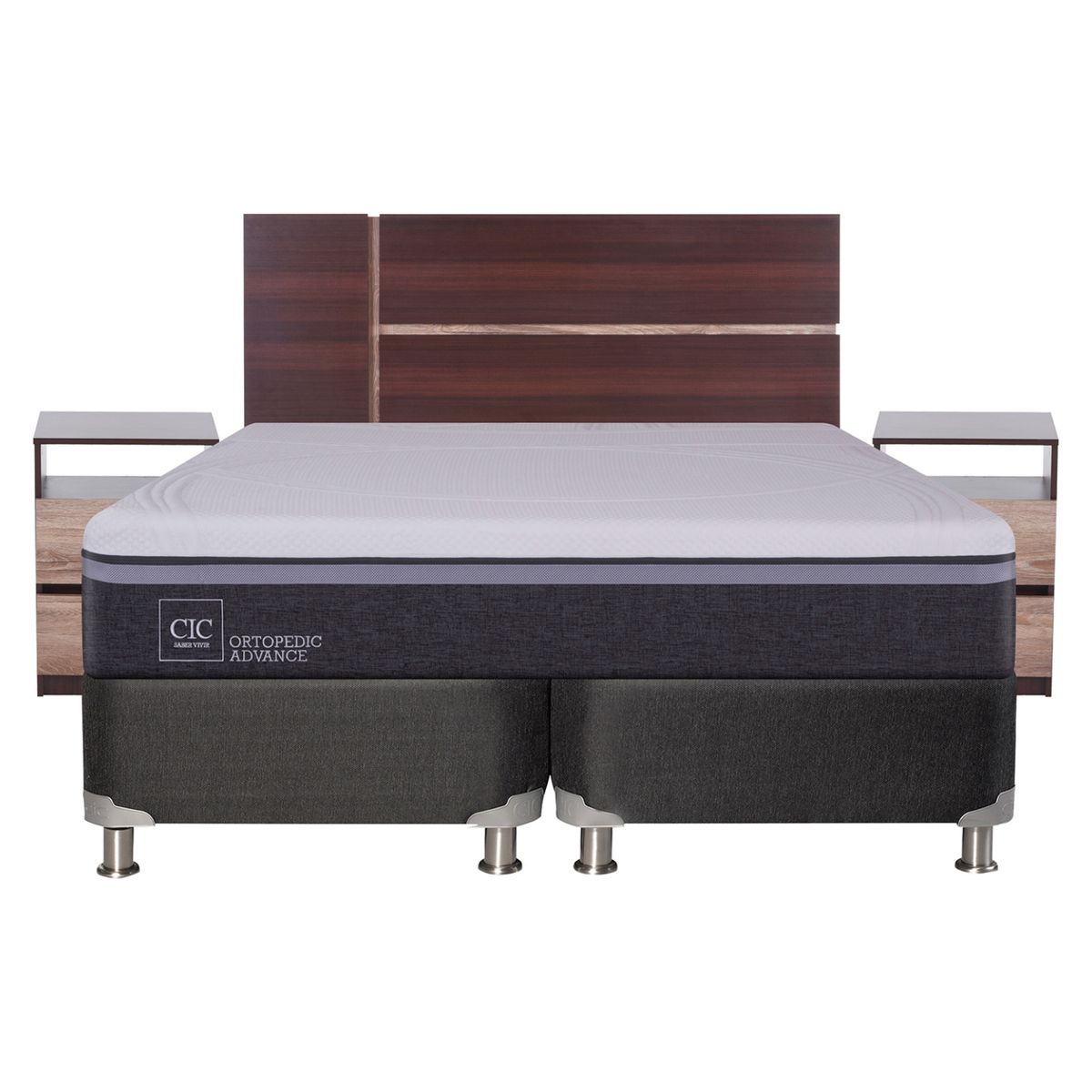 CIC - Box Spring Ortop Adva King + Respaldo + 2 Veladores CIC