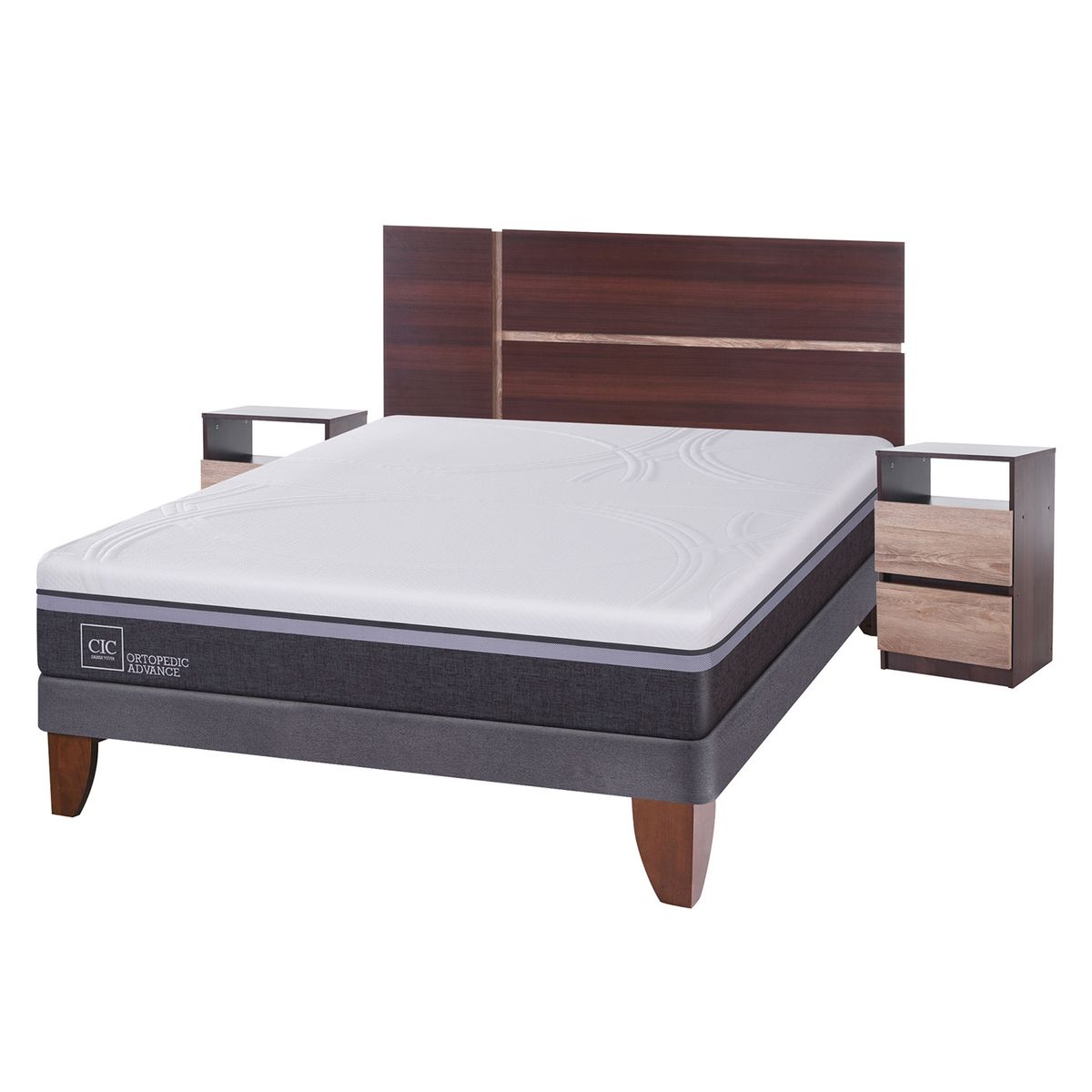 CIC - Cama Europea Ortop Adva 2 Plazas + Respaldo + 2 Veladores Cic