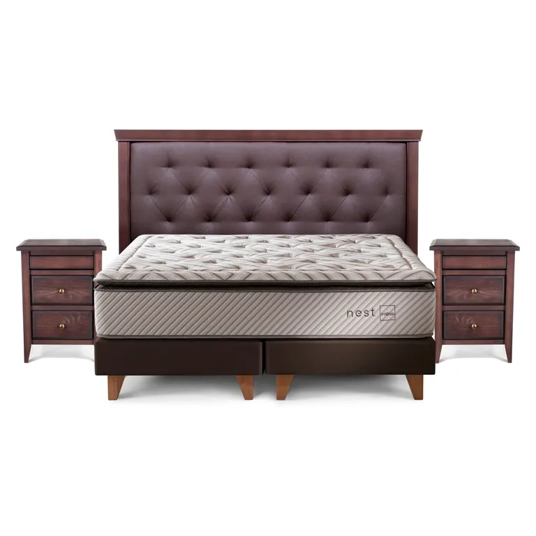 Cama Europea Nest 2 Plazas x 2.00mt Base Dividida + Respaldo + 2 Veladores