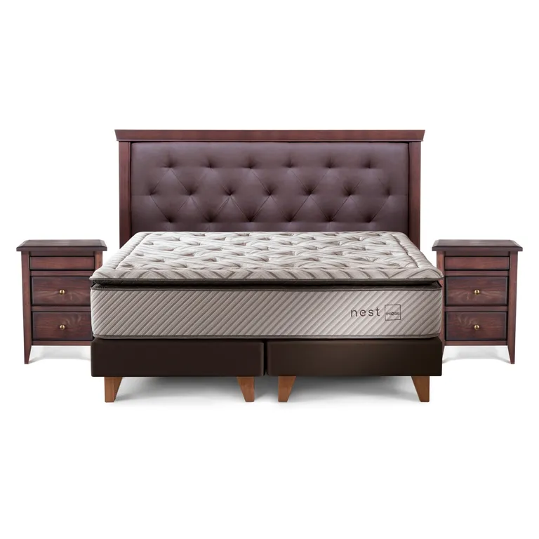 Cama Europea Nest King x 2.00mt Base Dividida + Respaldo + 2 Veladores