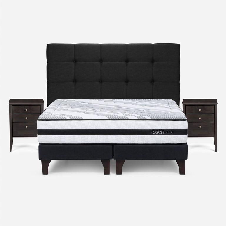 Cama Europea Driven 2 Plazas x 2.00mt Base Dividida + Respaldo + 2 Veladores Issey Grafito
