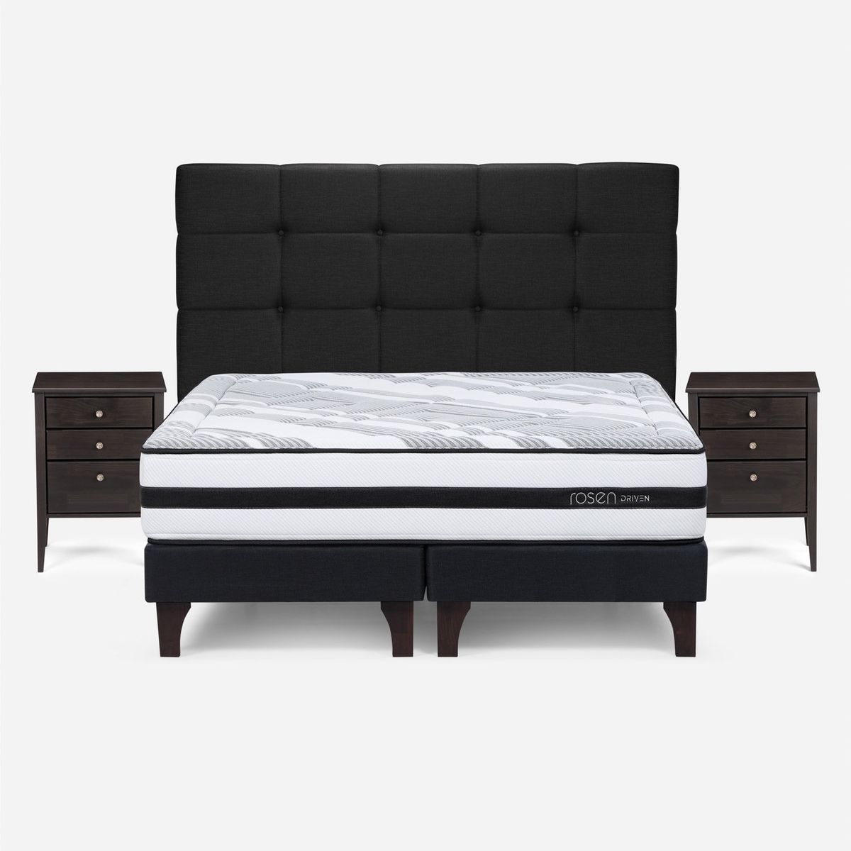 ROSEN - Cama Europea Driven 2 Plazas x 2.00mt Base Dividida + Respaldo + 2 Veladores Rosen