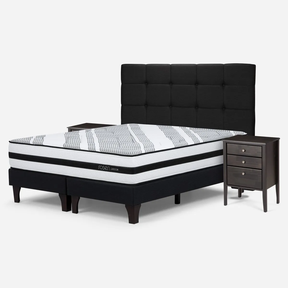 ROSEN - Cama Europea Driven 2 Plazas x 2.00mt Base Dividida + Respaldo + 2 Veladores Rosen